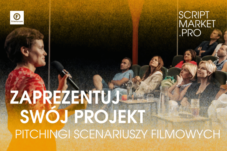 dziewczyna z mikrofonem przemawiająca do publiczności, napisy: Zaprezentuj swój projekt, pitchingi scenariuszy filmowych. Logotypy FILMFORUM i SCRIPTMARKET.PRO