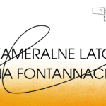 biało-pomarańczowa grafika z napisem KAMERALNE LATO NA FONTANNACH, logo filmforum i logo kameralnego lata