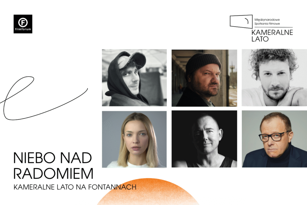 Zdjęcia Adama Bobika, Sebastiana Stankiewicza, Wojciecha Solarza, Pauliny Gałązki, Marcina Bortkiewicza, Olafa Lubaszenki z logo FILMFORUM, logo KAMERALNEGO LATA i podpisem NIEBO NAD RADOMIEM KAMERALNE LATO NA FONTANNACH