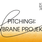 napis: pitchingi: wybrane projekty, logo filmforum, logo scriptmarket.pro na biało-pomarańczowym tle