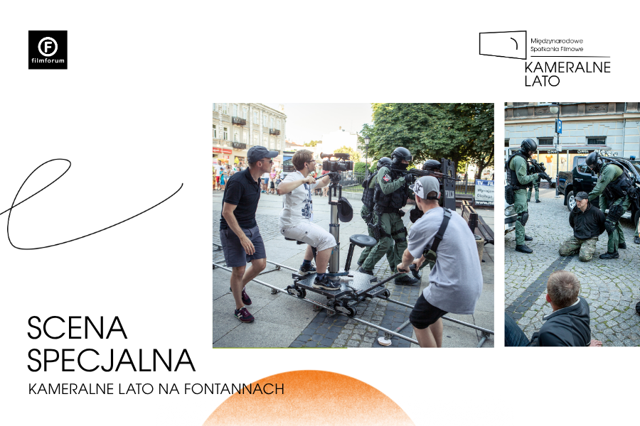 zdjęcia z realizacji sceny specjalnej w ubiegłych latach na białym tle, podpis SCENA SPECJALNA KAMERALNE LATO NA FONTANNACH, logo FILMFORUM, logo KAMERALNEGO LATA