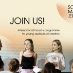 Promotional graphic for SCRIPTMARKET.EU featuring four young women speaking in front of a group during a workshop or presentation. The text on the graphic says “JOIN US!” and “International industry programme for young audiovisual creators.” The SCRIPTMARKET.EU logo appears in the top right corner, and the Filmforum logo in the top left corner.