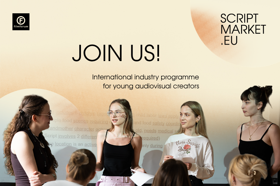 Promotional graphic for SCRIPTMARKET.EU featuring four young women speaking in front of a group during a workshop or presentation. The text on the graphic says “JOIN US!” and “International industry programme for young audiovisual creators.” The SCRIPTMARKET.EU logo appears in the top right corner, and the Filmforum logo in the top left corner.