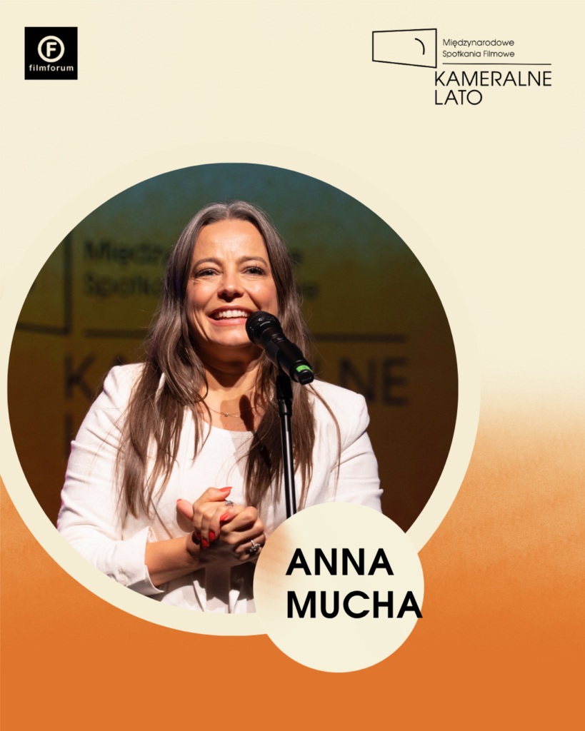 Grafika promocyjna KAMERALNEGO LATA z portretem Anny Muchy, członkini jury konkursu WYSOKIE LOTY.