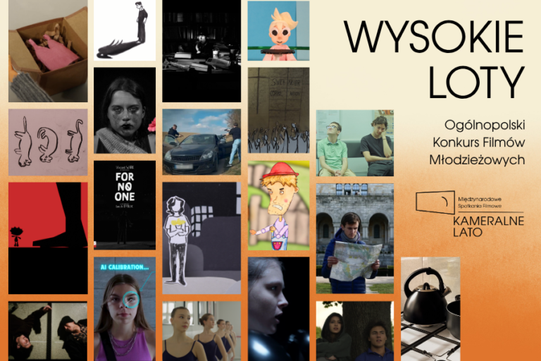 Kolaż kadrów z filmów młodzieżowych zakwalifikowanych do konkursu WYSOKIE LOTY 2026 w ramach KAMERALNEGO LATA.