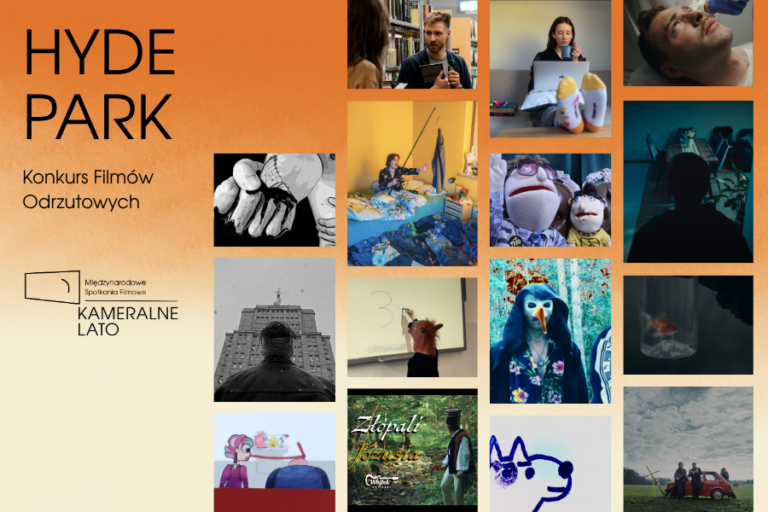 Grafika promocyjna konkursu HYDE PARK 2026 w ramach KAMERALNEGO LATA, z kolażem kadrów z filmów zakwalifikowanych do Konkursu Filmów Odrzutowych.